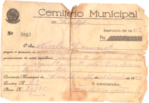 Cemitério Municipal de Curitiba - Pagamento de Sepultura de Duchan Iovanovitch, no ano de 1940.