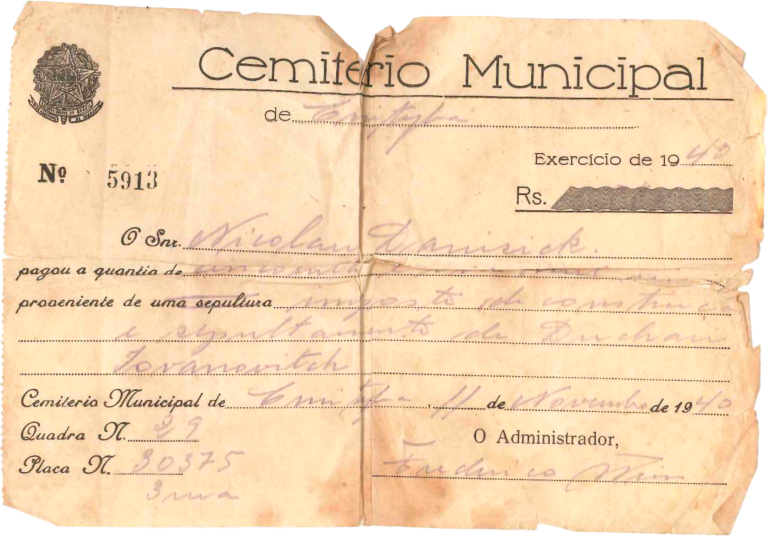 Cemitério Municipal de Curitiba - Pagamento de Sepultura de Duchan 1940