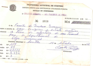Cemitério Municipal de Curitiba - Pagamento de Sepultura de Olga Iovanovitch no ano de 1972.