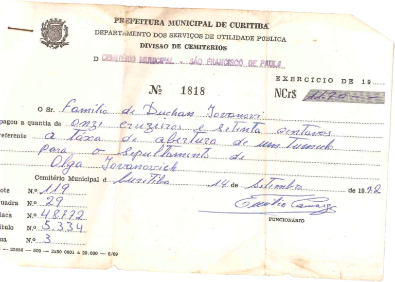 Cemitério Municipal de Curitiba - Pagamento de Sepultura de Olga em 1972