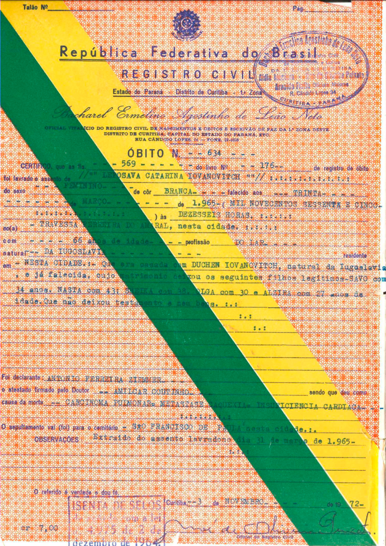 Certidão de Óbito de Lepossava, Curitiba, 30 de Março de 1965​.