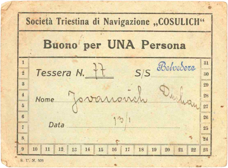 Passagem do Navio Giulio Cesare em nome de Duchan Iovanovitch em 13 de Janeiro de 1926​