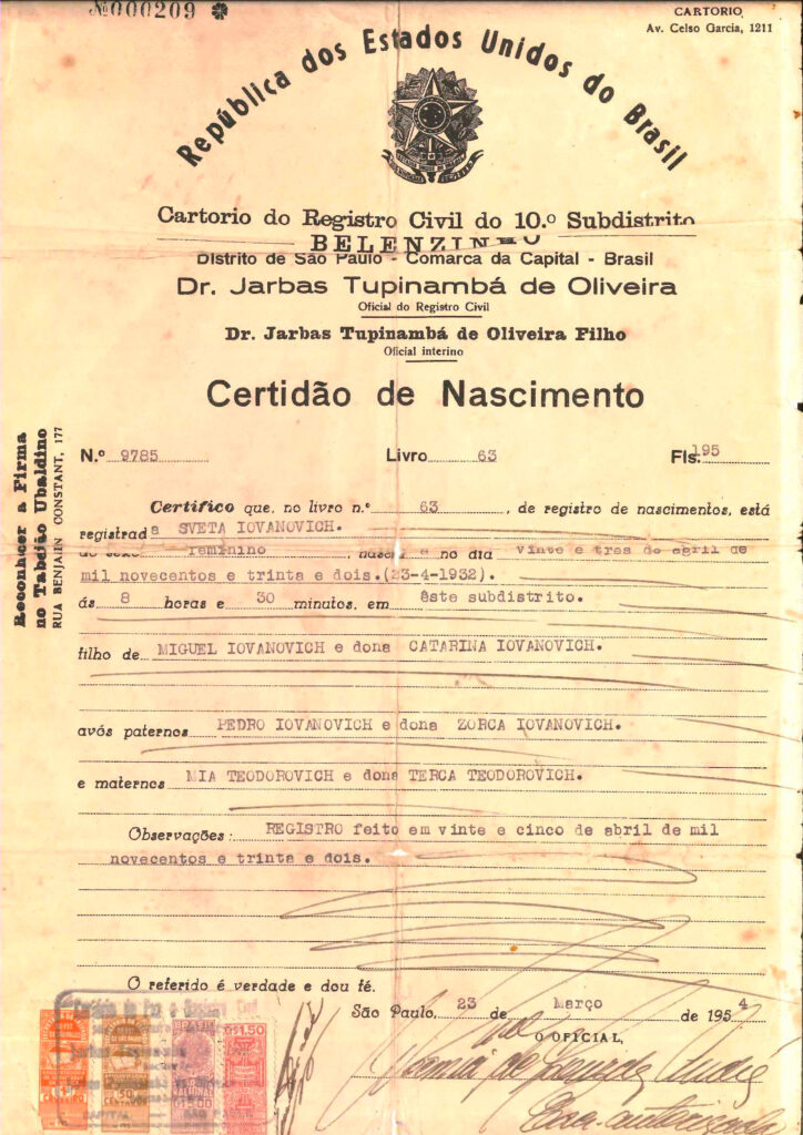 Certidão de Nascimento de Sveta em 23 de Abril de 1932