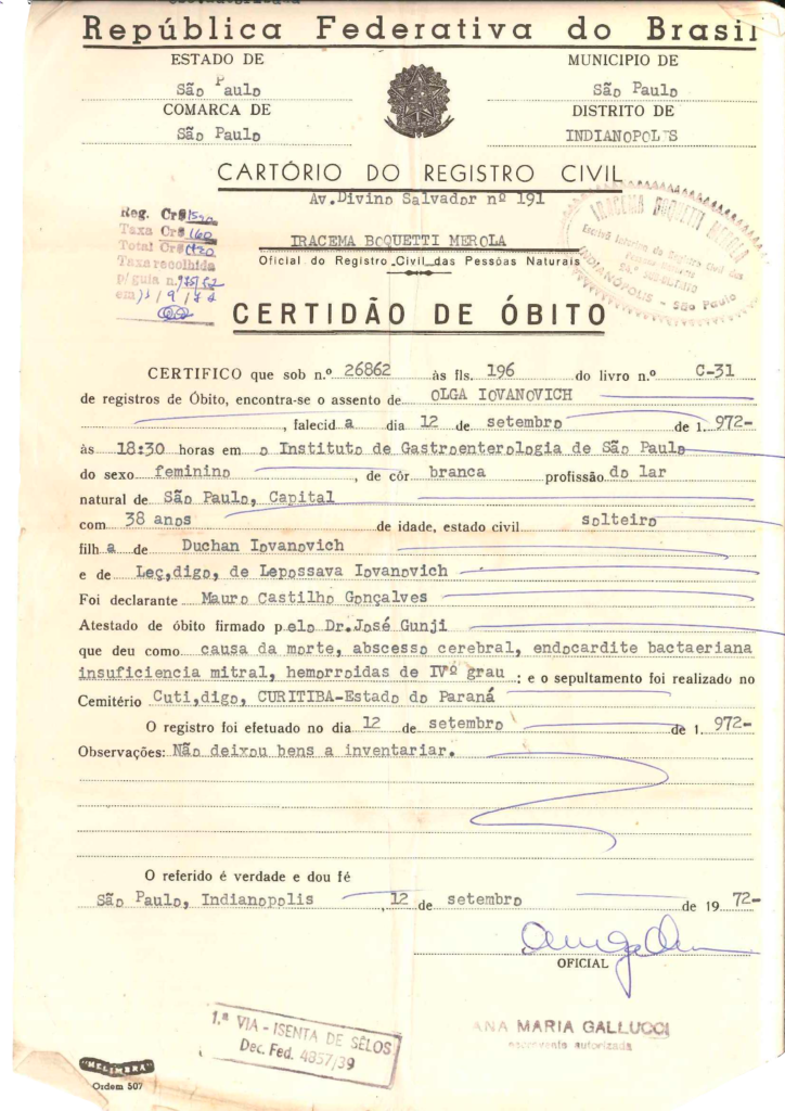 Certidão de Óbito de Olga Iovanovich